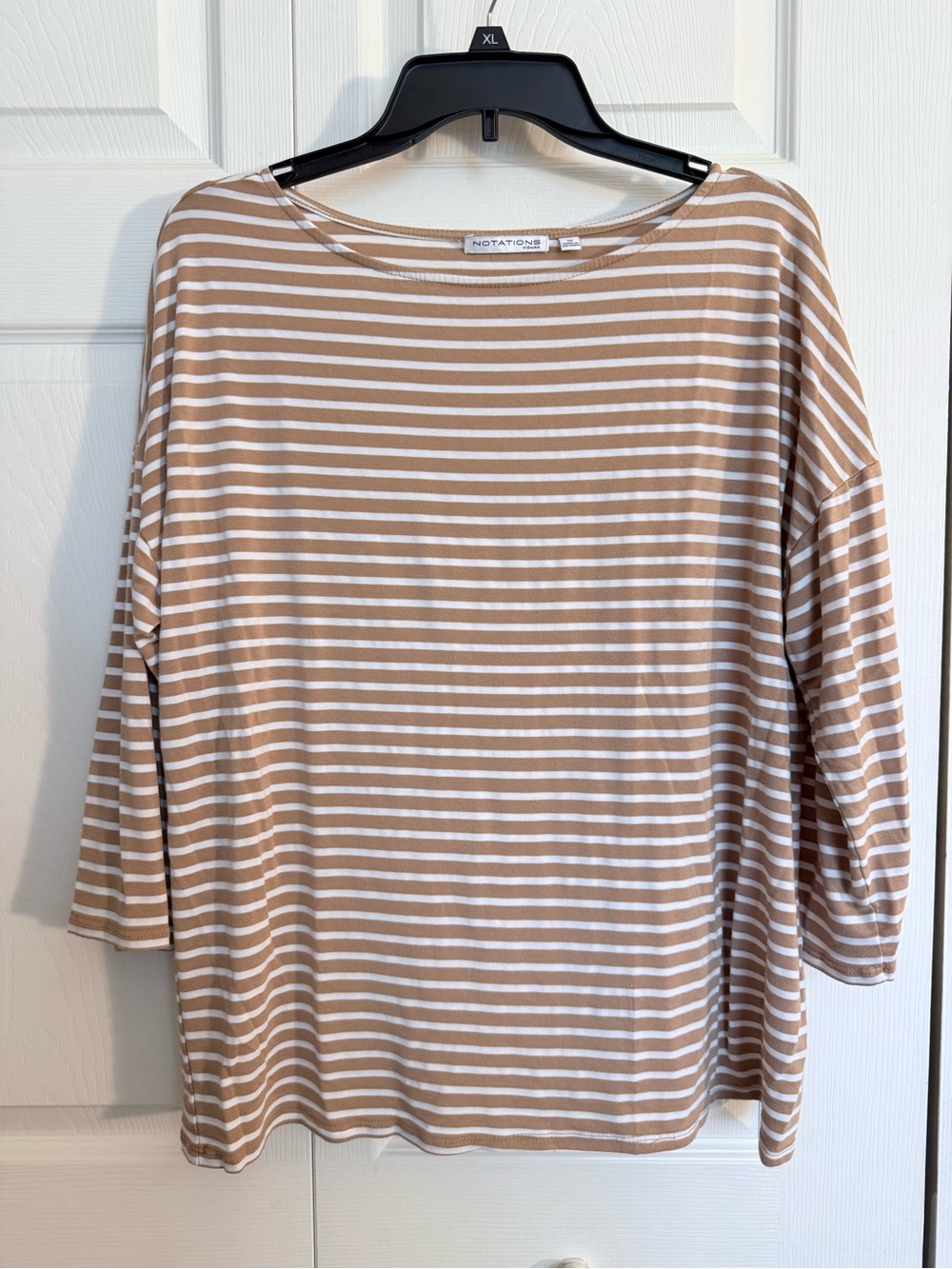 NOTATIONS Beige and White Striped Quarter Sleeve Boatneck Top